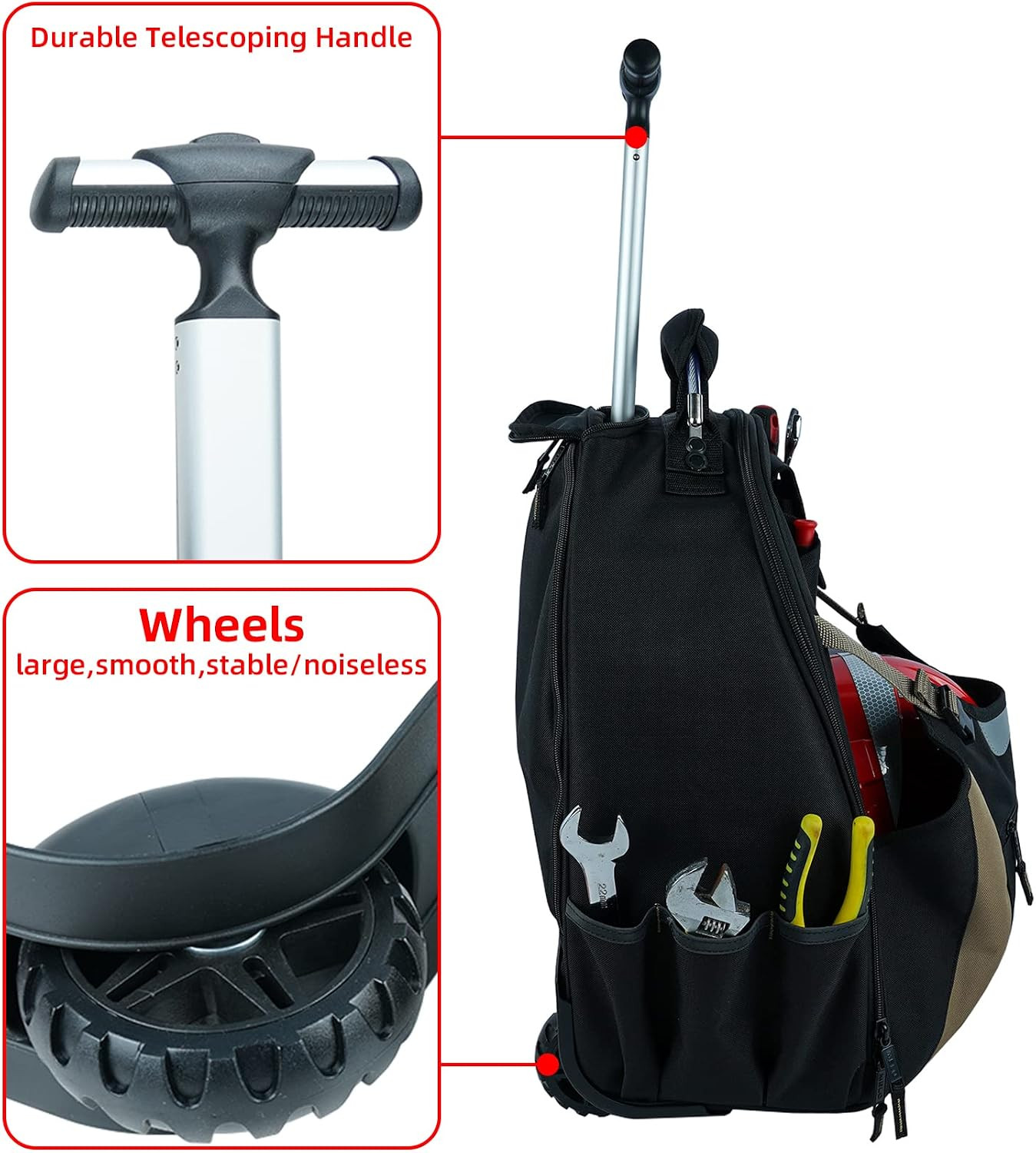 Heavy-Duty Wheeled Tool Backpack – 26-Pocket Organizer for Tradesmen (Khaki)