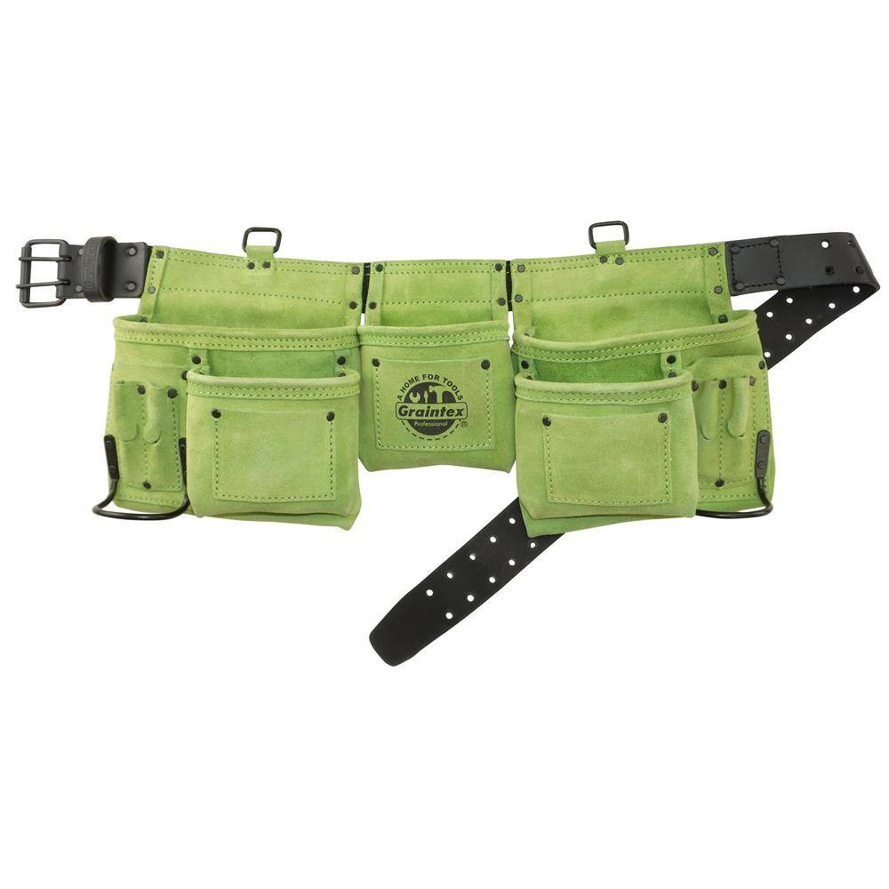 11-Pocket Suede Leather Tool Apron in Lime Green with 2 Hammer Holders and Suspe