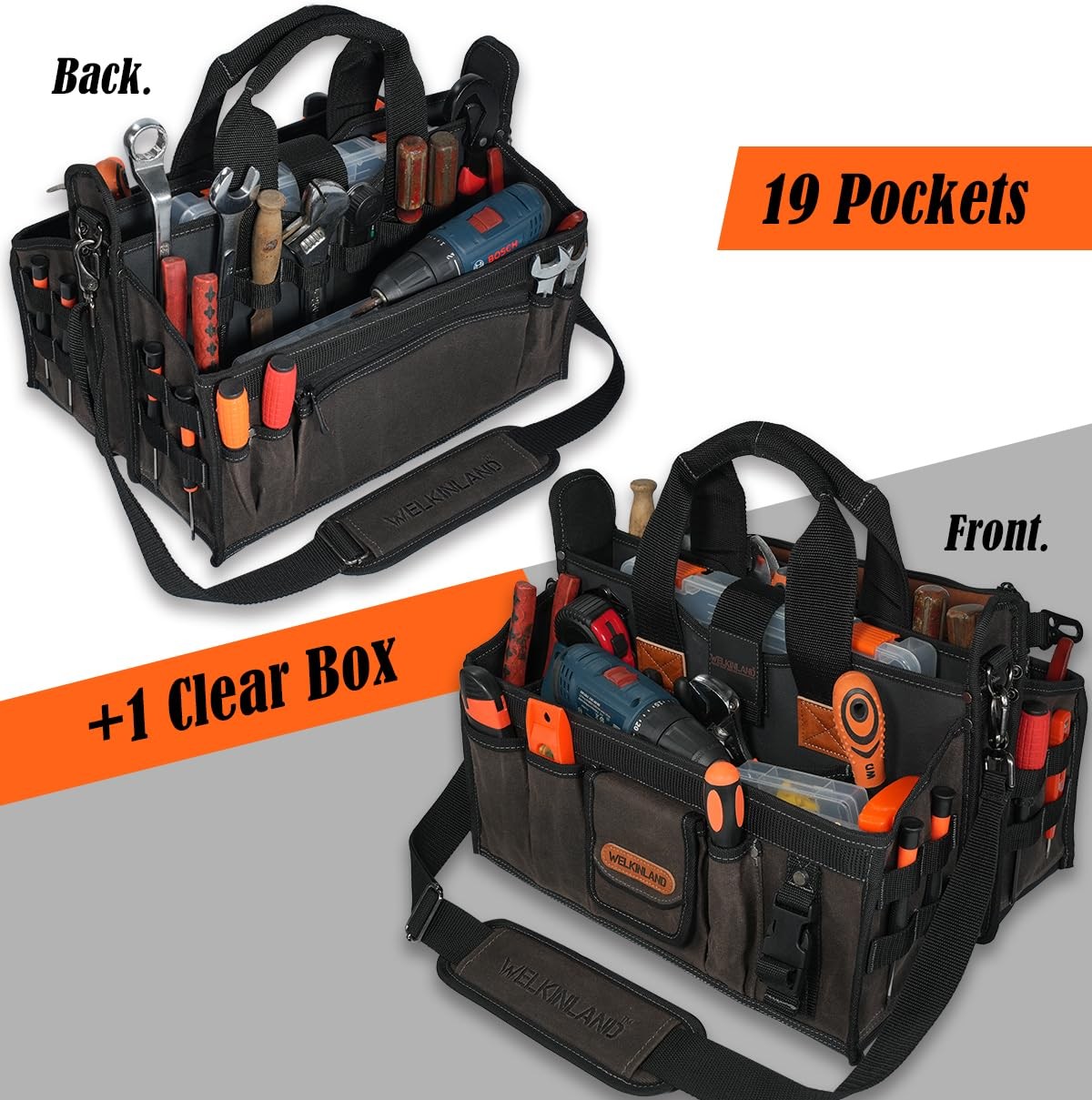 WELKINLAND 20Pockets Electrician Tool Tote, 16″Wide Open Top Tool Tote, Waxed…