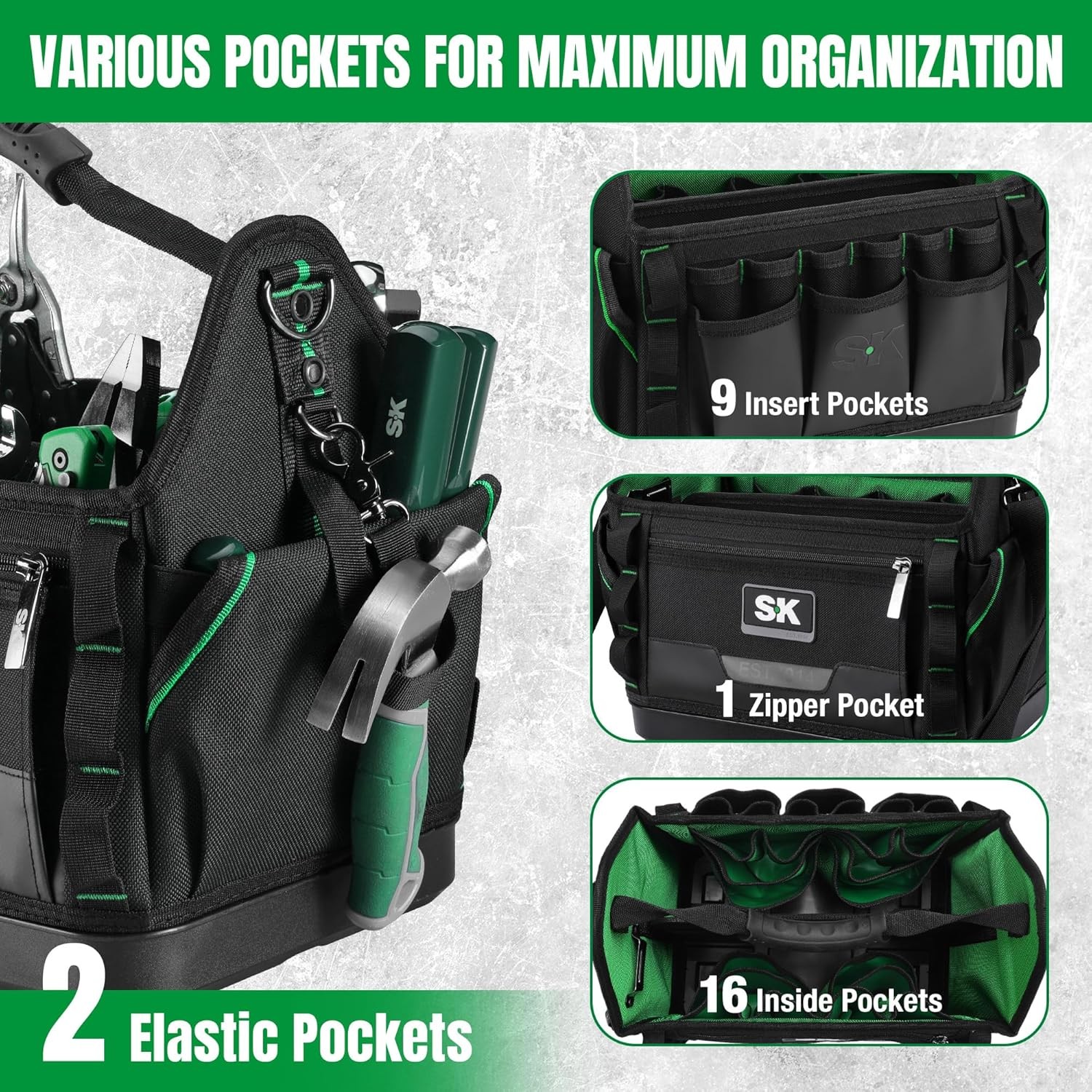 SK 15 Inch Open Top Tool Bag 28 Pockets Heavy Duty