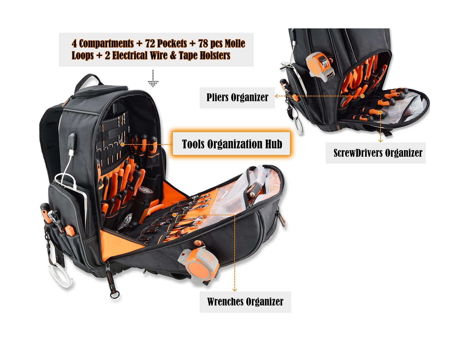 72Pockets Rolling Tool backpack, Large tool bag with wheels, Rolling Electric…