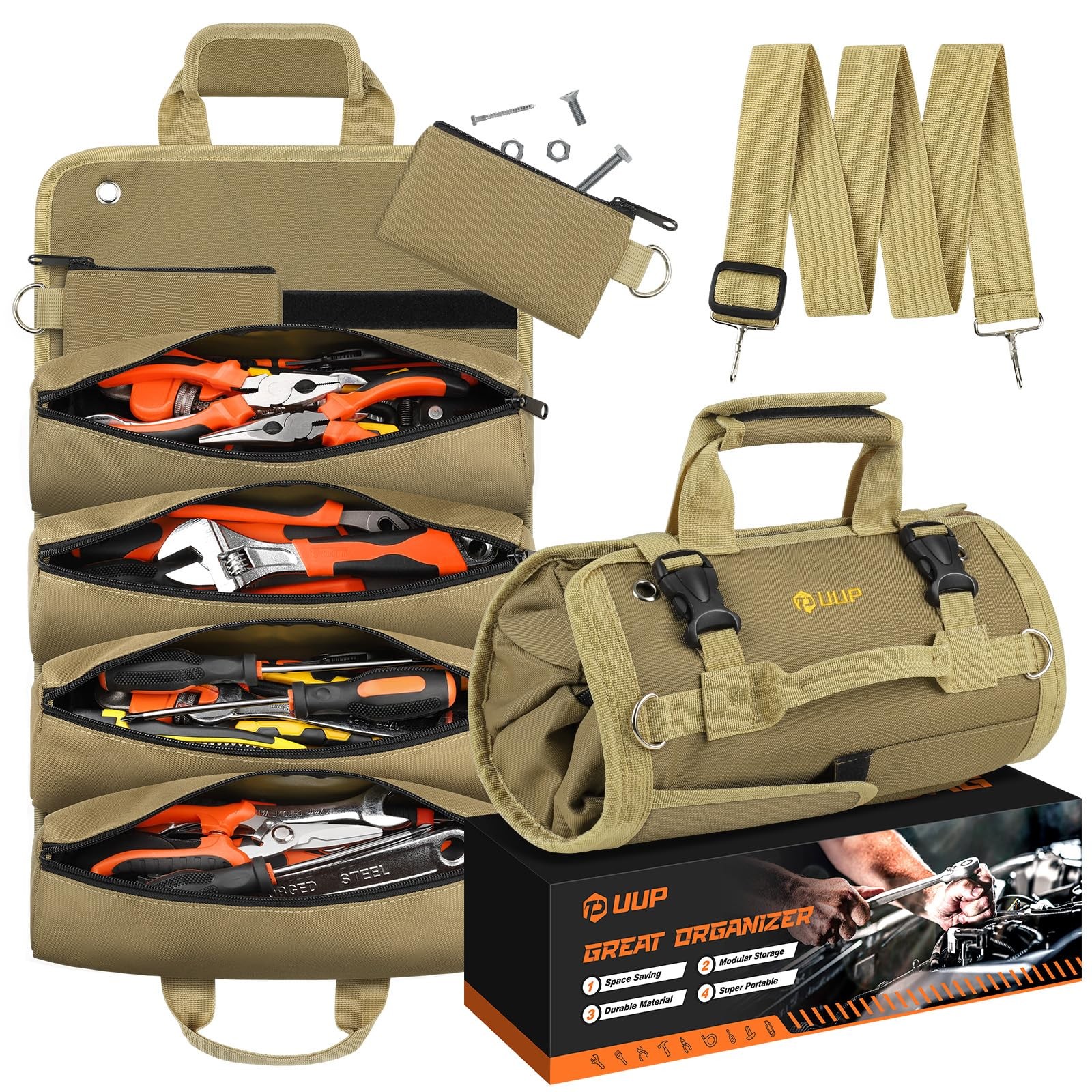Tool Roll Bag, Heavy Duty Tool Bag Gifts for Men Dad Mechanic, Khaki