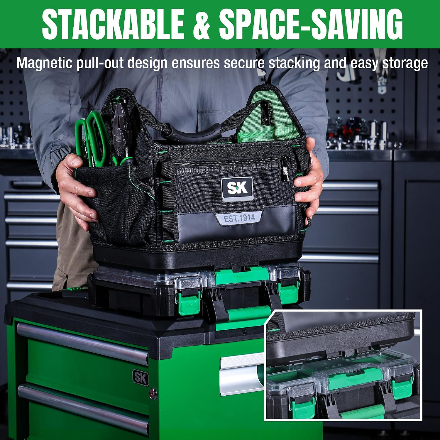 15″ Heavy Duty Tool Bag Organizer with 28 Pockets & Waterproof Base