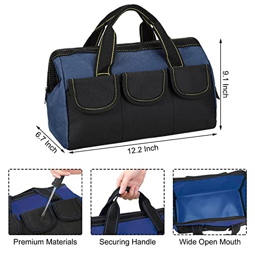 3 Pack Tool Bag for Men with Waterproof Hard Bottom, 13 Inch Blue Classic