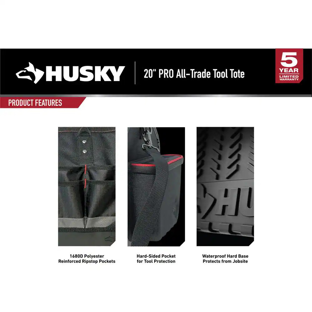 Husky Heavy-Duty 20 in. 31 Pockets PRO All-Trade Tool Bag Tote