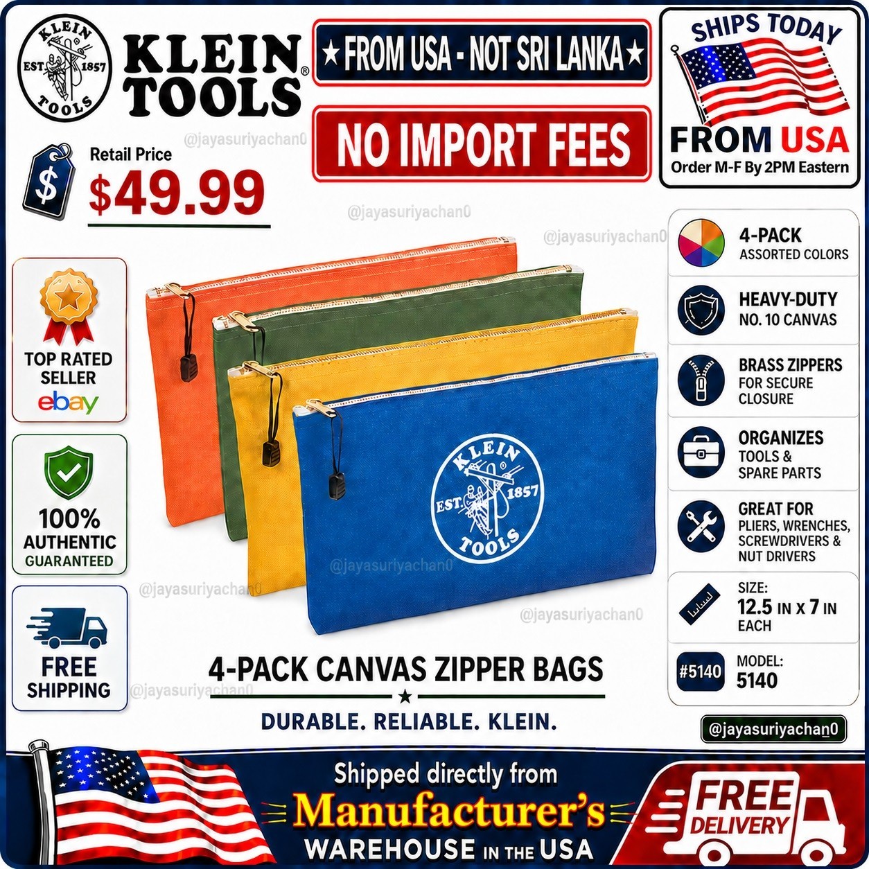 Klein Tools 5140 Canvas Tool Bags – Pack of 4 Multi Color Pouches 🔥US Seller🔥