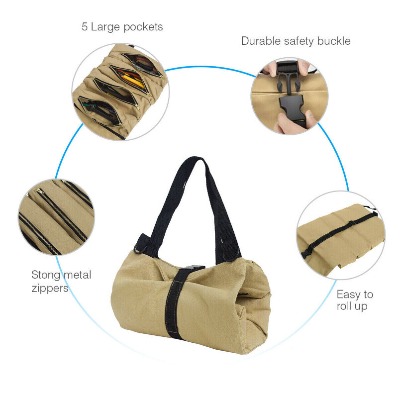 Multi-Purpose Tool Roll Up Bag Wrench Pouch Canvas Hanging Organizer w/ 5 Pocket