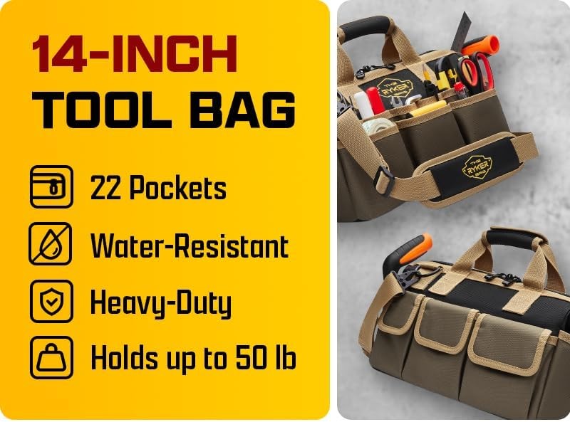 Ryker 14in Heavy Duty Tool Bag 22 Pocket Mechanic Plumber Organizer