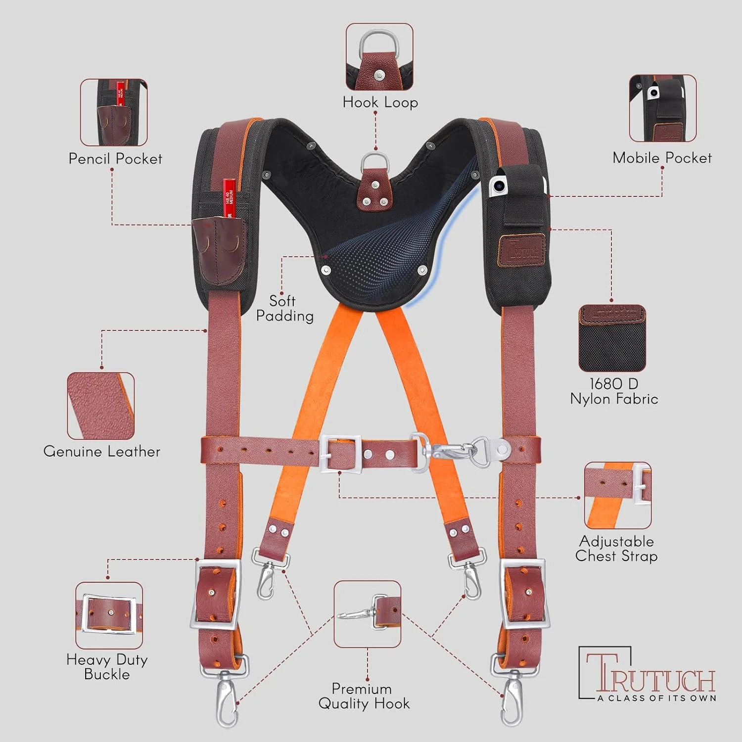 Leather Work Suspender with Cell Phone Pocket | Fully-Adjustable Padded Heavy Du