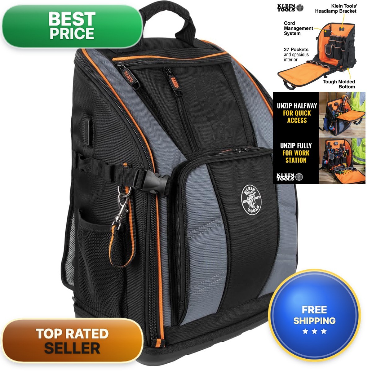 Klein Tools 62482 Tool Backpack – 27 Pockets, Heavy-Duty Electrician Organizer
