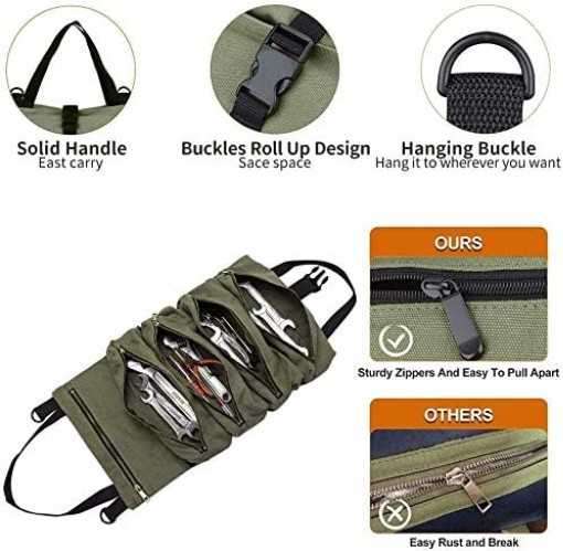 Durable Canvas Wrench Roll with Secure Zipper Closure – Emergency Tool Organizer