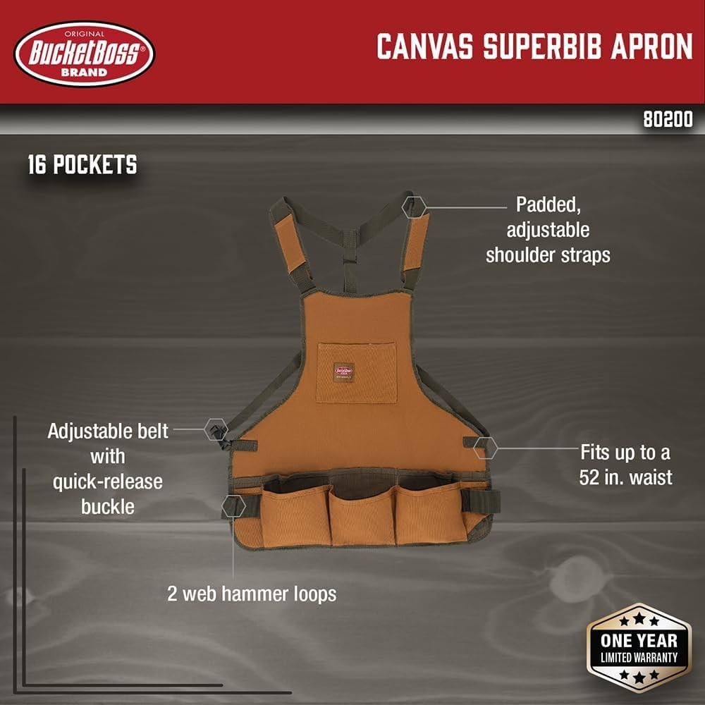 Bucket Boss mens Tool,adjustable,work Tool Bag, Brown, 16 pockets