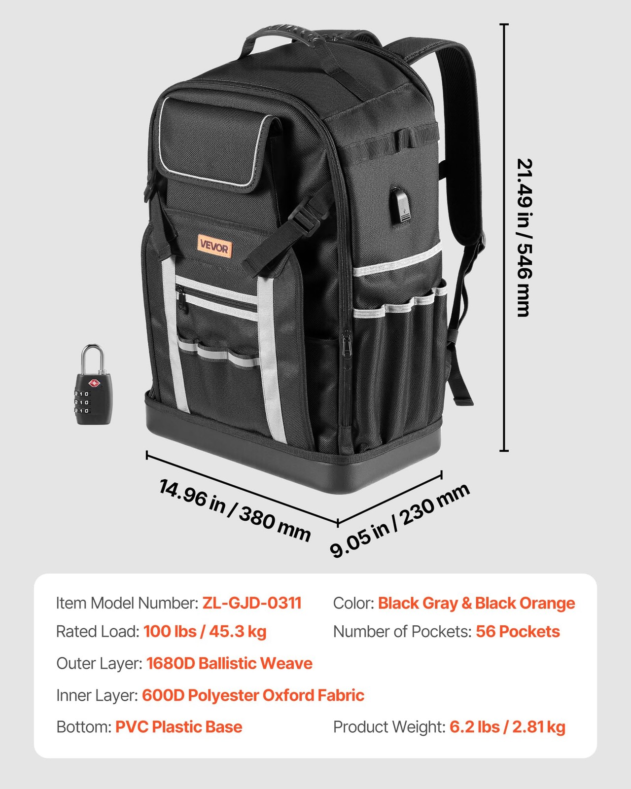 VEVOR Tool Backpack, 56 Pockets, Heavy-duty Tools Storage 56 Black
