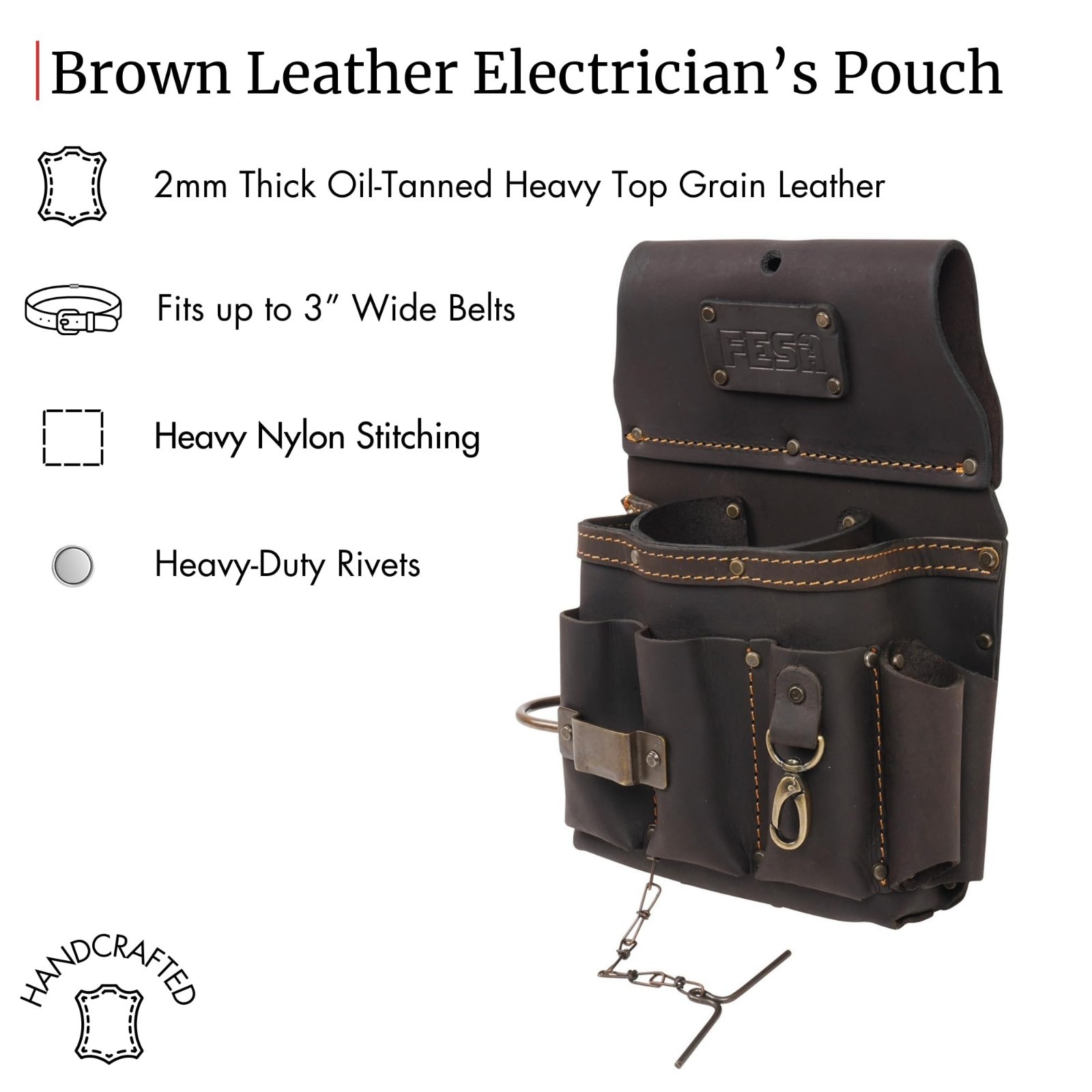 13-in-1 Leather Electrician Tool Pouch w/Hammer Loop, Tape Measure Clip & 6 Pock