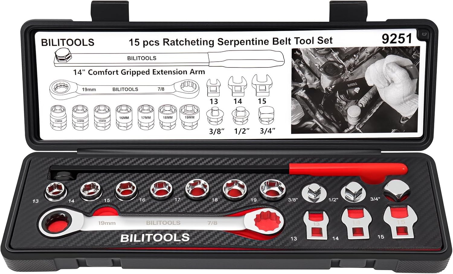 BILITOOLS 15-Piece Universal Serpentine Belt Tool Set,Belt Tensioner Tool Kit wi
