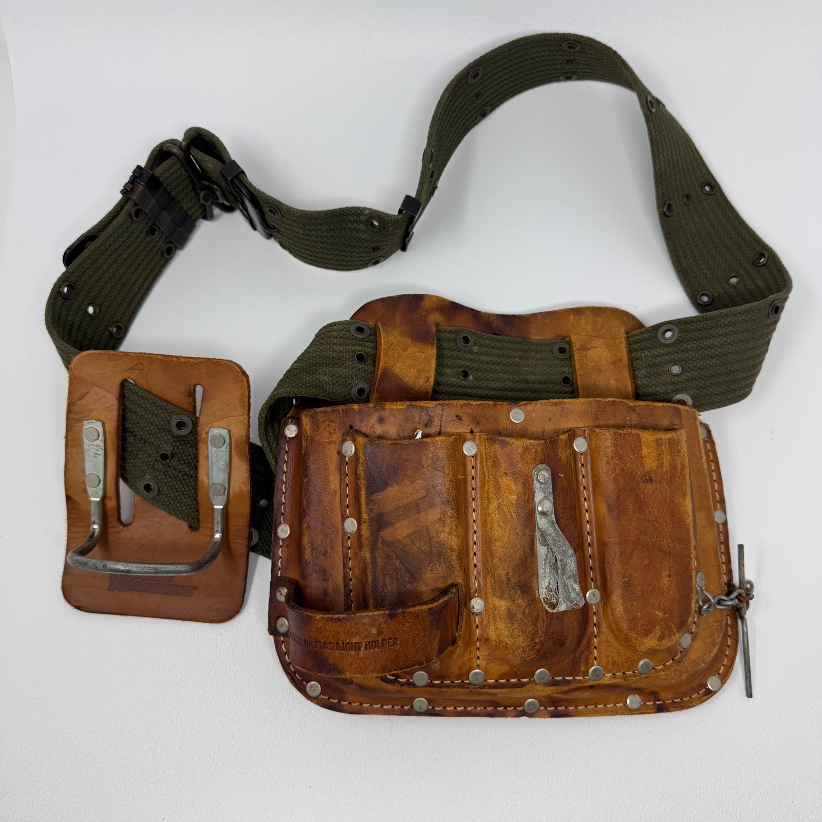 Popular Mechanics Vintage Leather Tool Belt Hammer Flashlight Holder Canvas Belt
