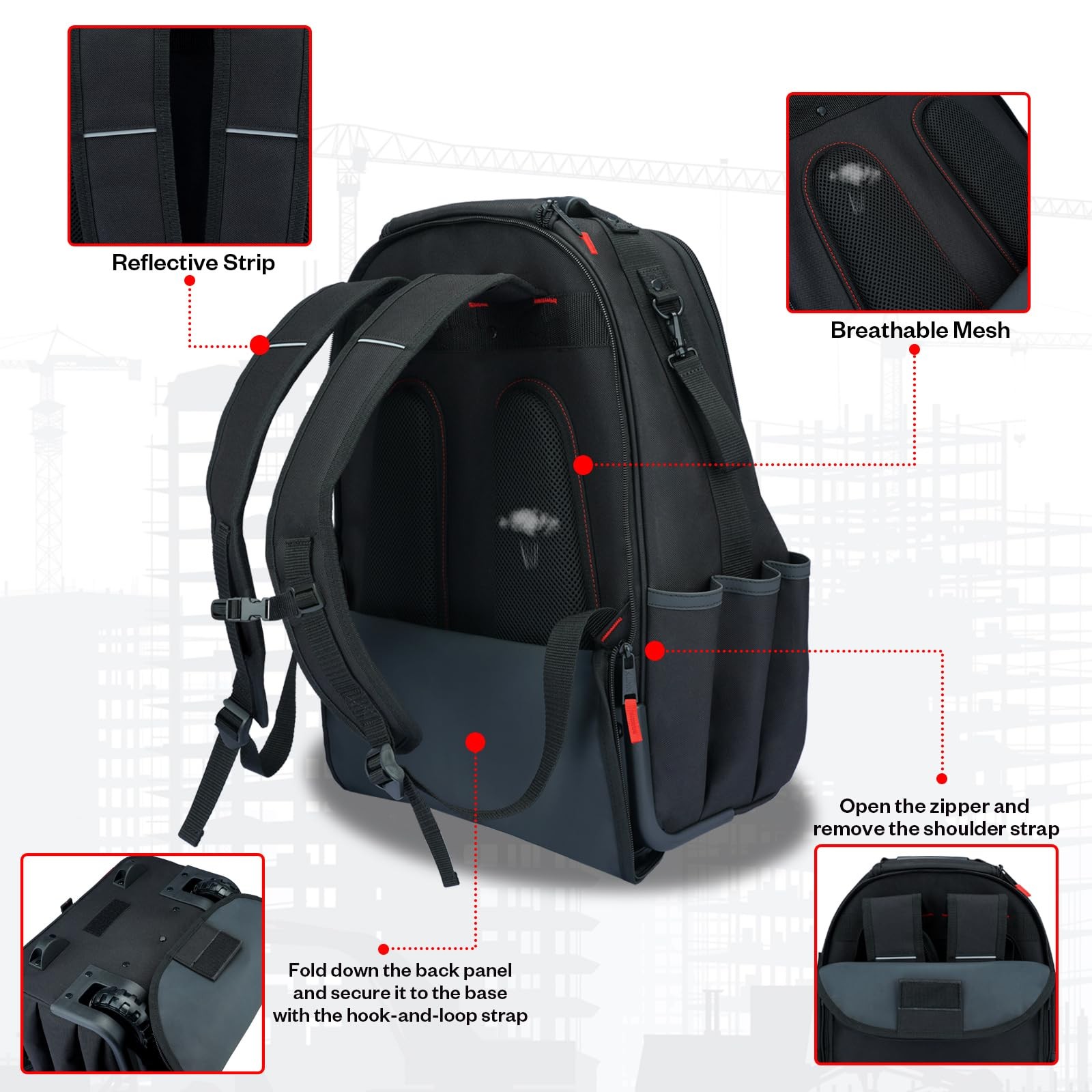 Rolling Tool Backpack with Wheels Heavy Duty, 37-Pocket Roller Tool Bag Backp…