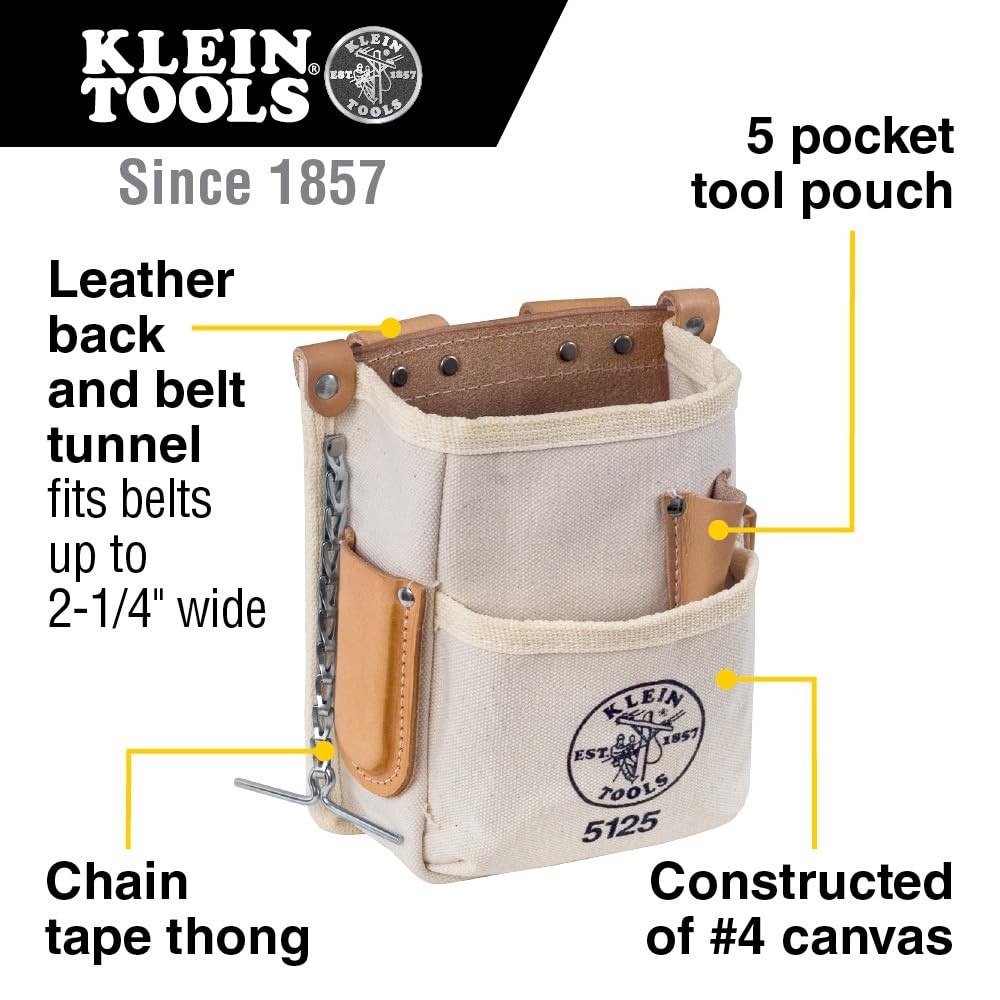 Klein Tools 5125 Canvas and Leather 5Pocket Tool Pouch with Chain Tape Thong …