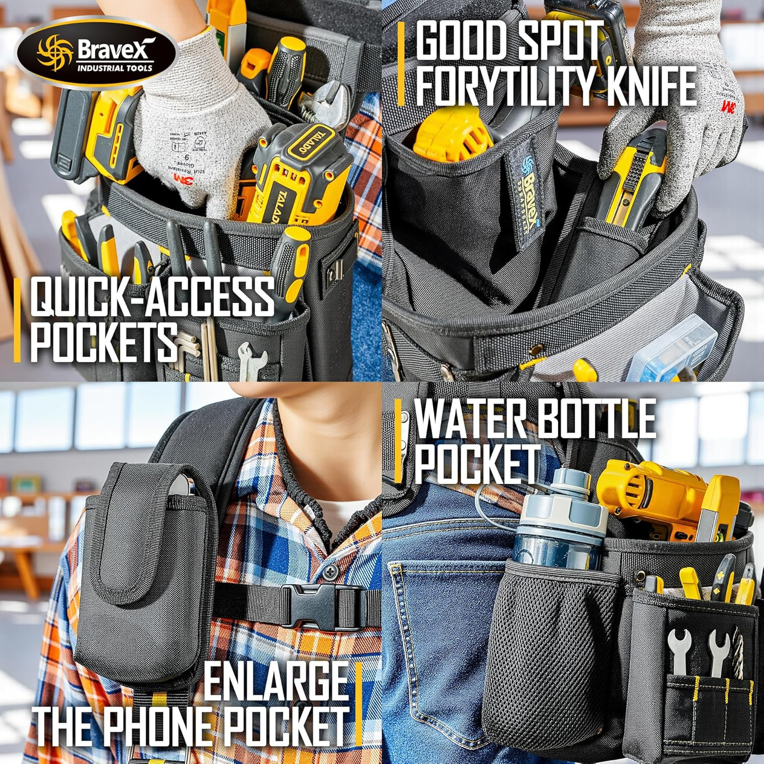 Bravex Tool Belt Suspenders, Tool Vest Pro Ultra 20 Bags H-Style Toolbelt 5 Comb