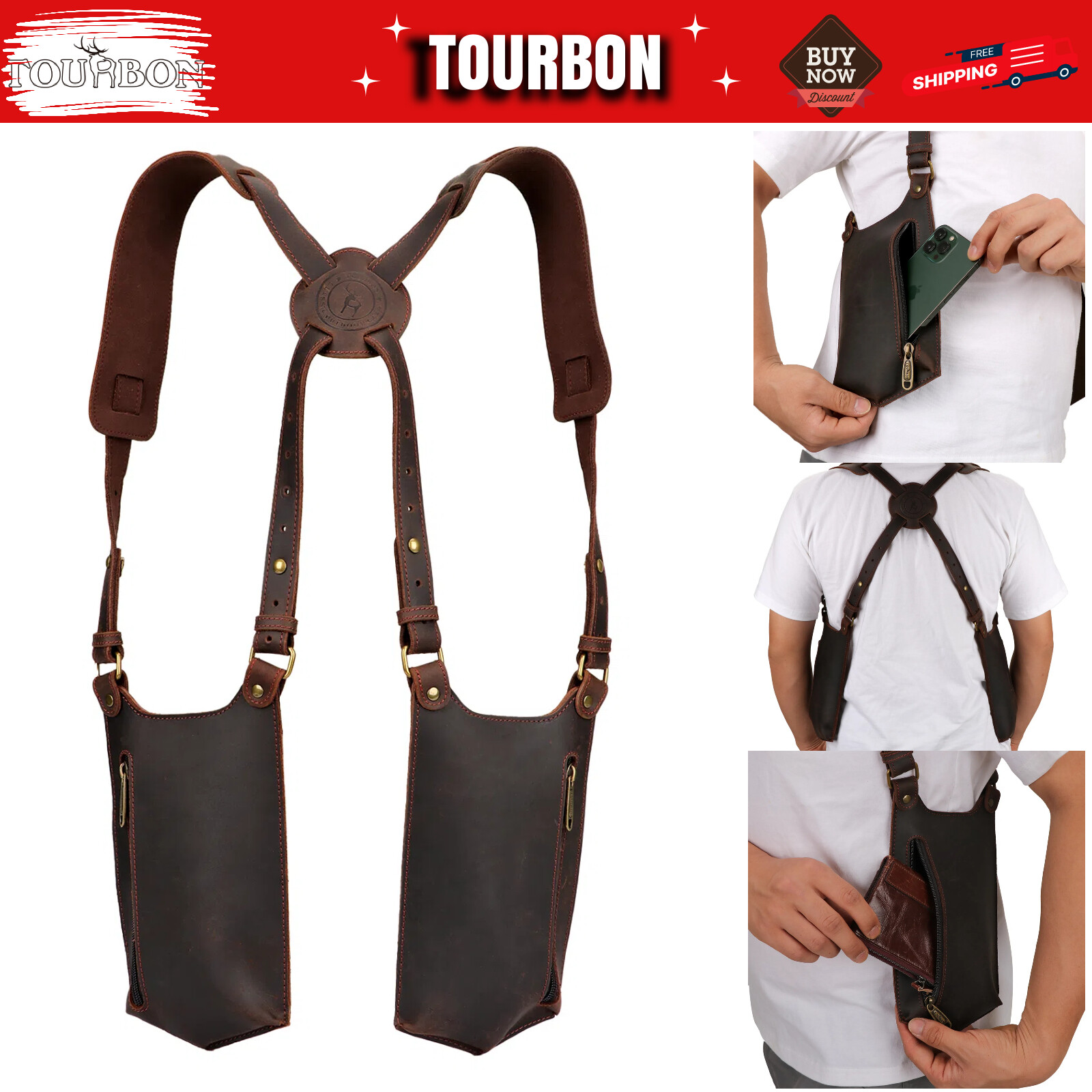 TOURBON Leather Double Phone Underarm Case Suspender Shoulder Wear Harness Bag