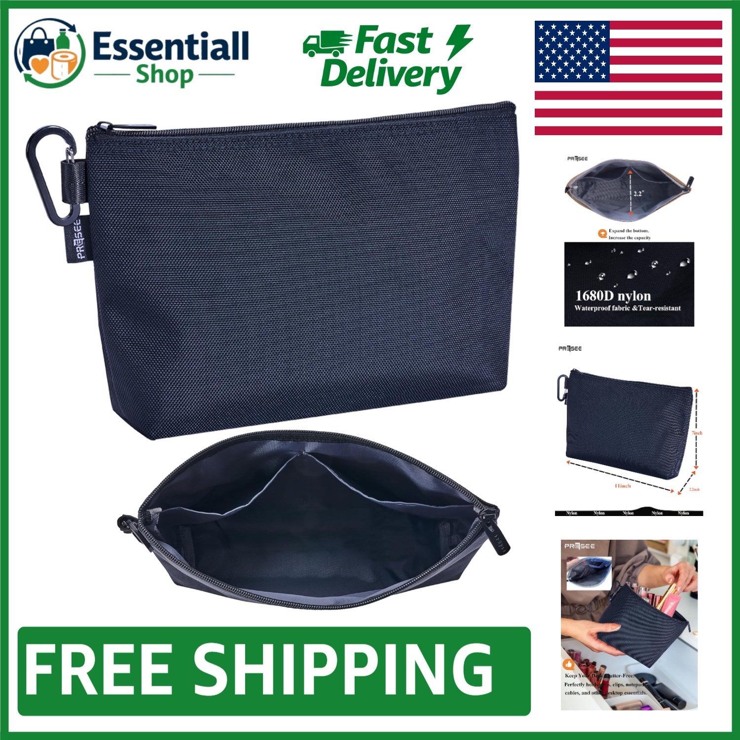11″ Heavy Duty Tool Bag Organizer in Waterproof Nylon with Easy-Carry Carabiner