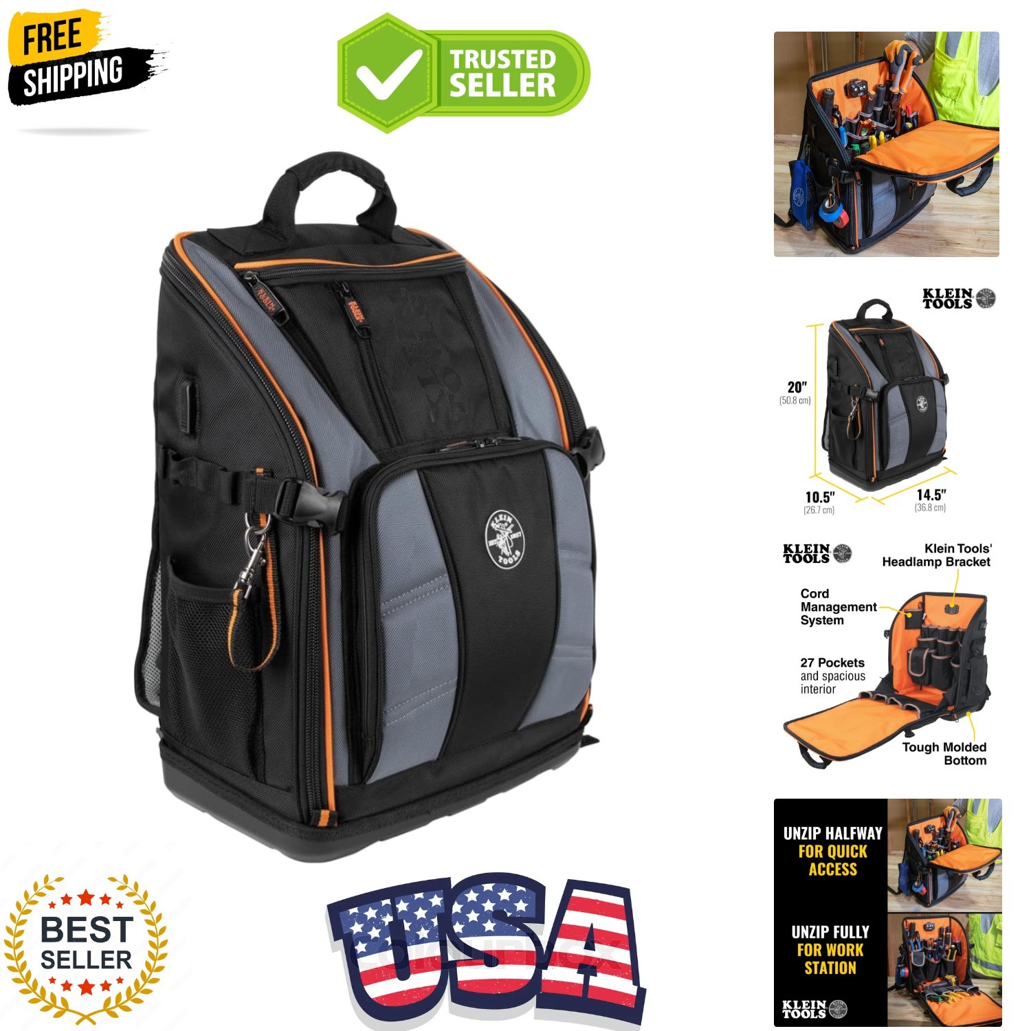 62482 Tool Backpack, Tool-Station Pro Heavy-Duty Organizer with 27 Pockets, L…