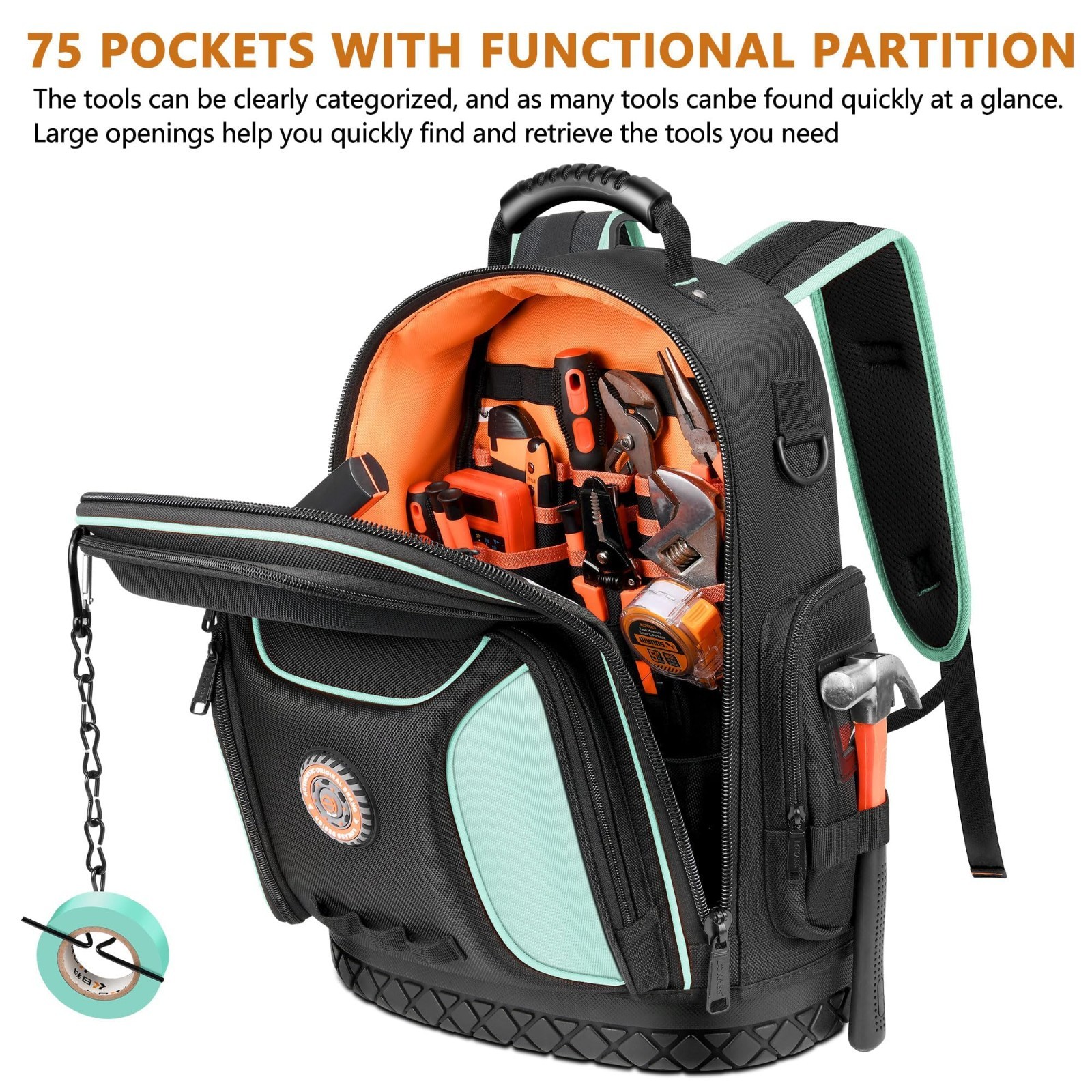 Durable Electrician Tool Backpack Bag, Heavy Duty Organizer with Waterproof Base