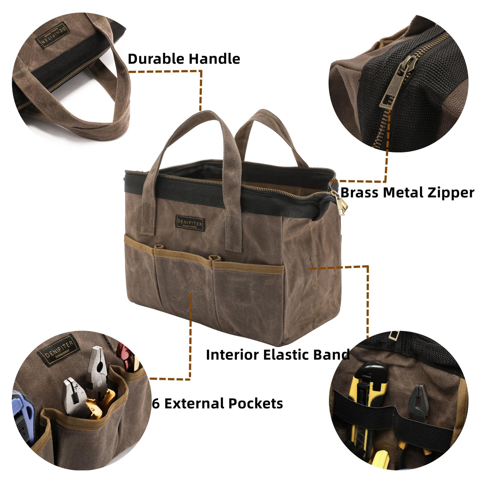 Tool Bag, 13-inch Heavy Duty 16oz Waxed Canvas Wide Mouth Water-Resistant Too…