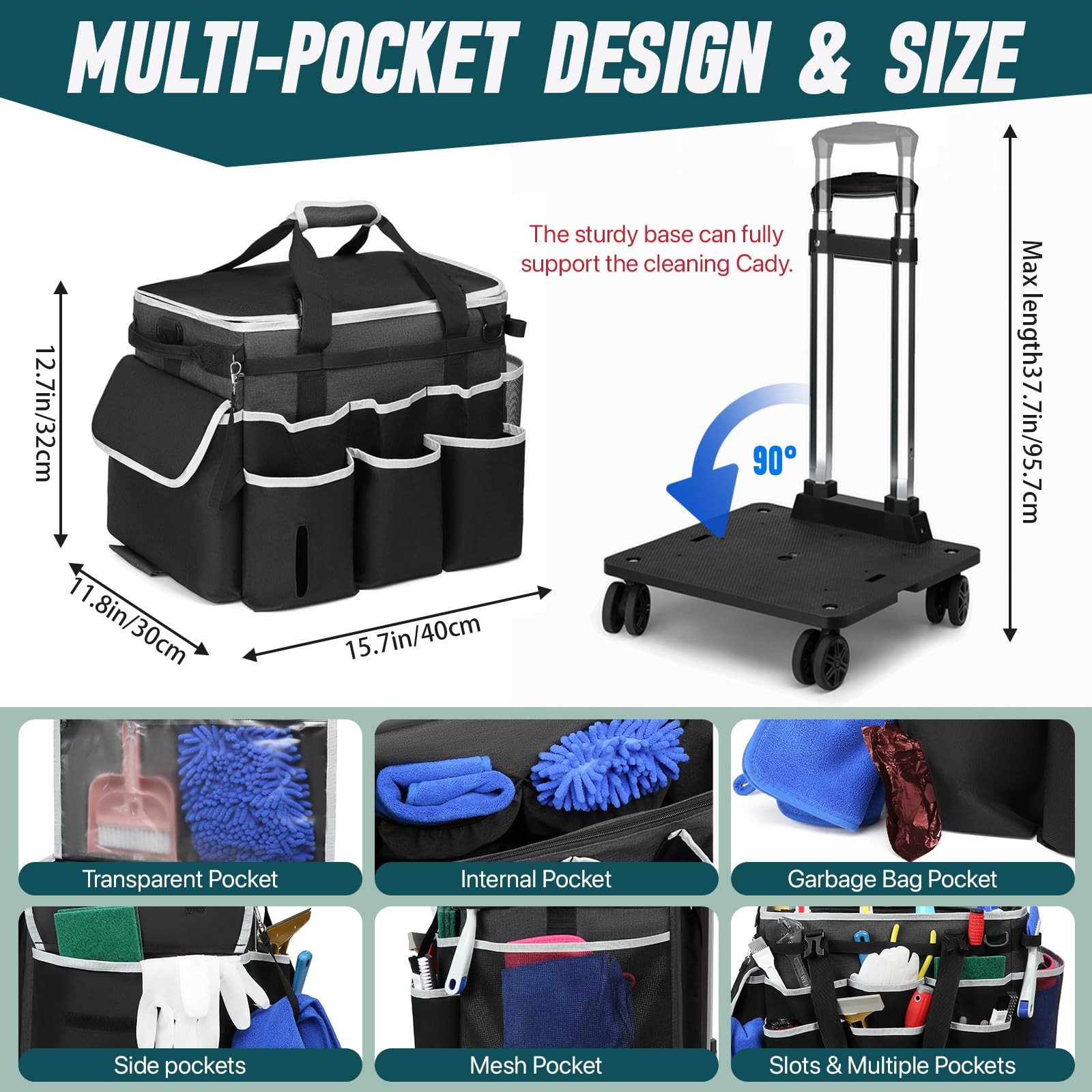 Large Rolling Cleaning Caddy Bag with Detachable Trolley, Full Support Plates…