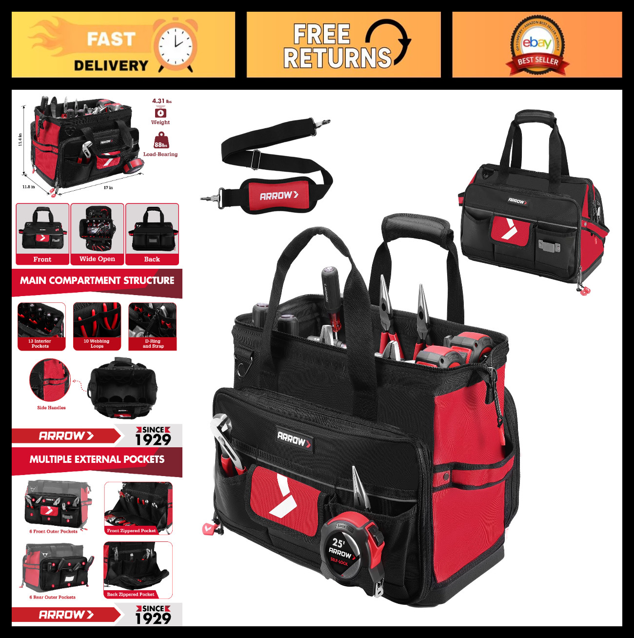 Large 17″ Heavy Duty Tool Bag with 36 Pockets, Waterproof Base, Reflective Band,