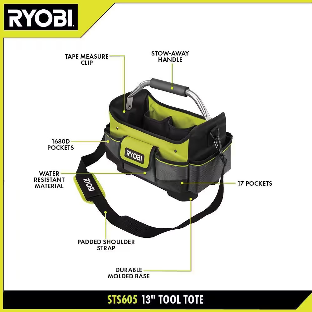 Ryobi 13 In. Tool Tote Bag 17 Pockets Water Resistant, Handle