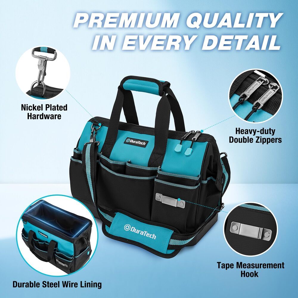 DURATECH 16″ Heavy Duty Tool Bag 18Pocket Tool Organizer Wide Open Mouth Toolbag