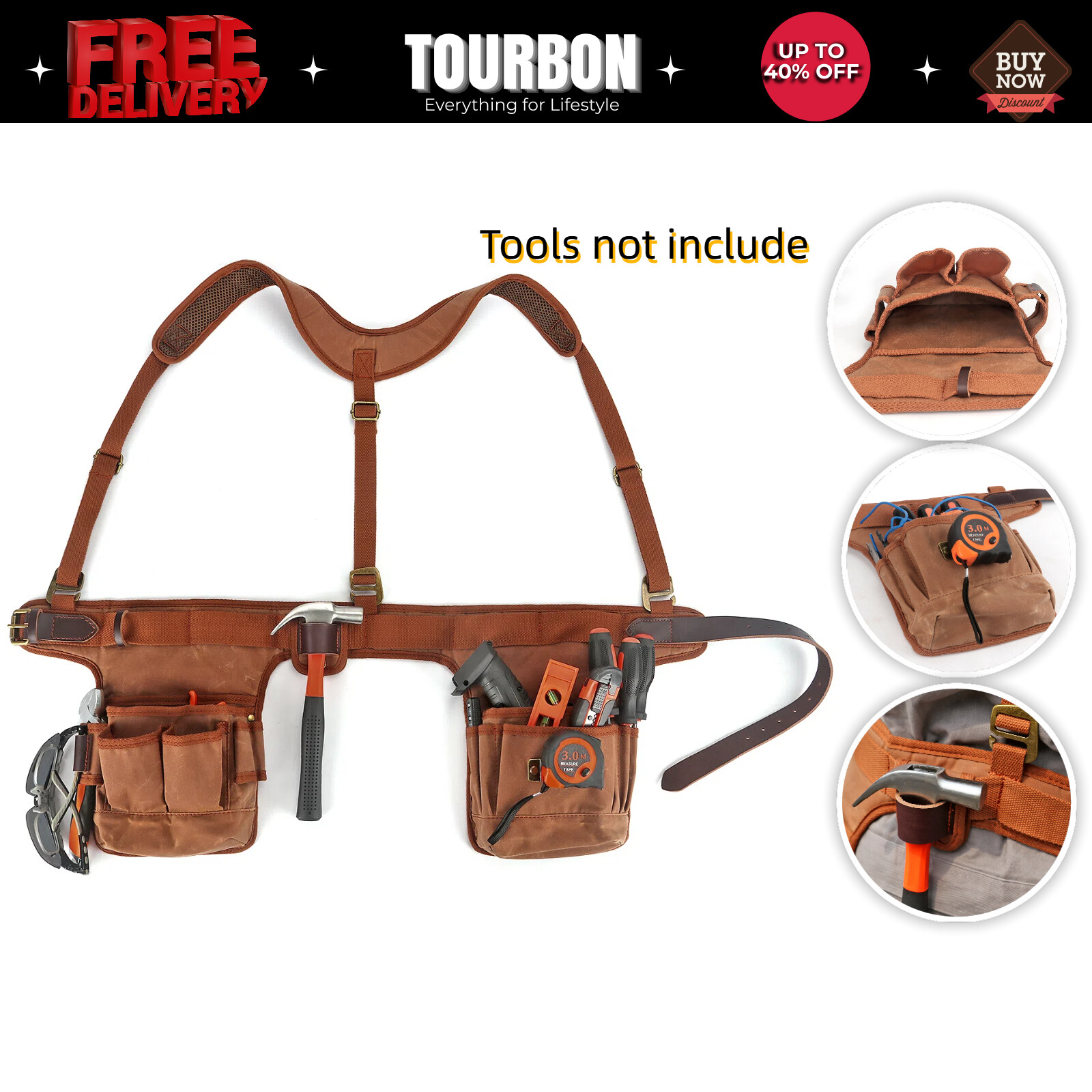 TOURBON Tool Rig Belt Bag Vest Harness Pack Drill Storage Pouch-Special Offer