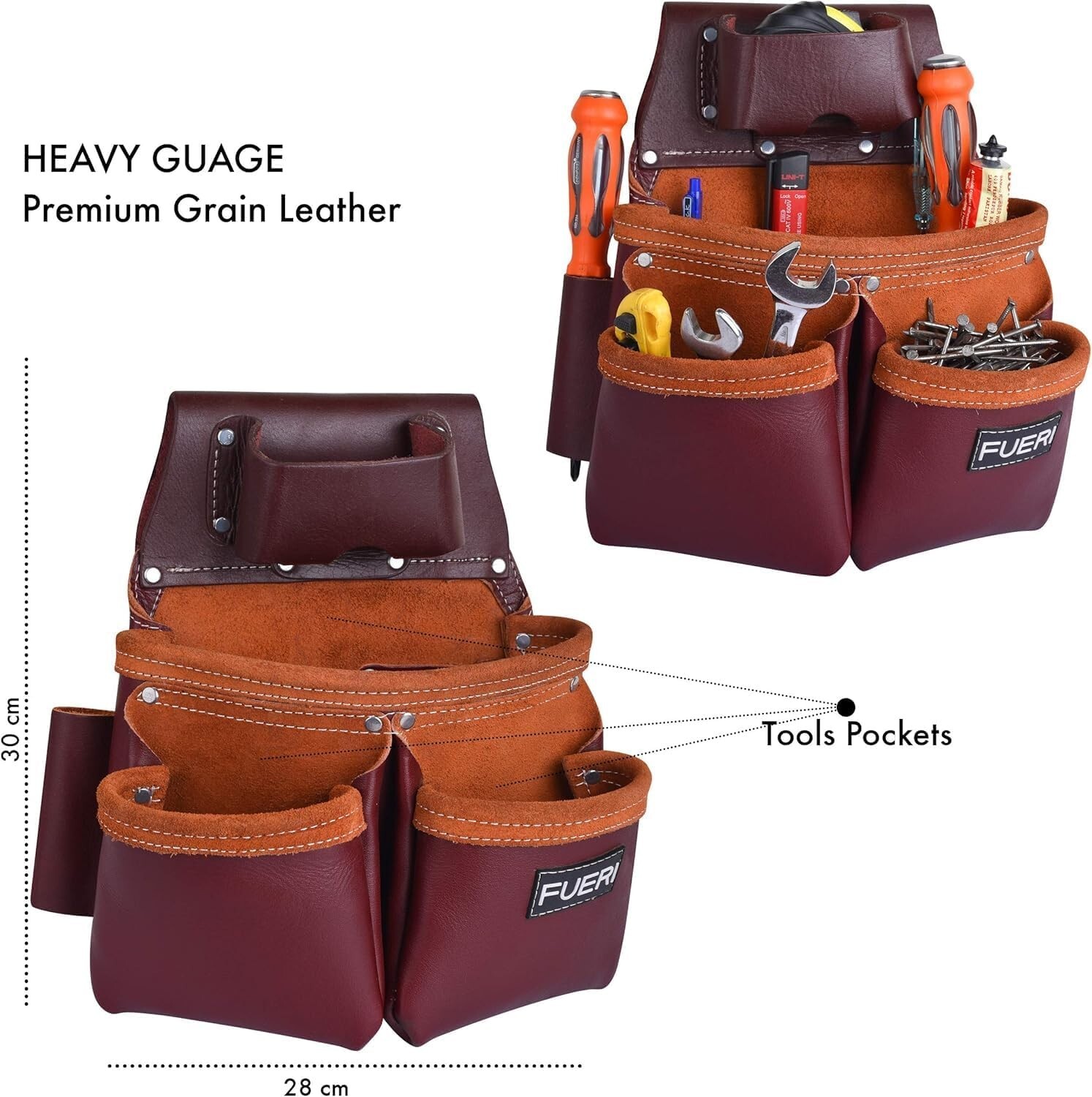 FUERI Leather Tool Belt With Suspender Heavy Duty Carpenter Construction