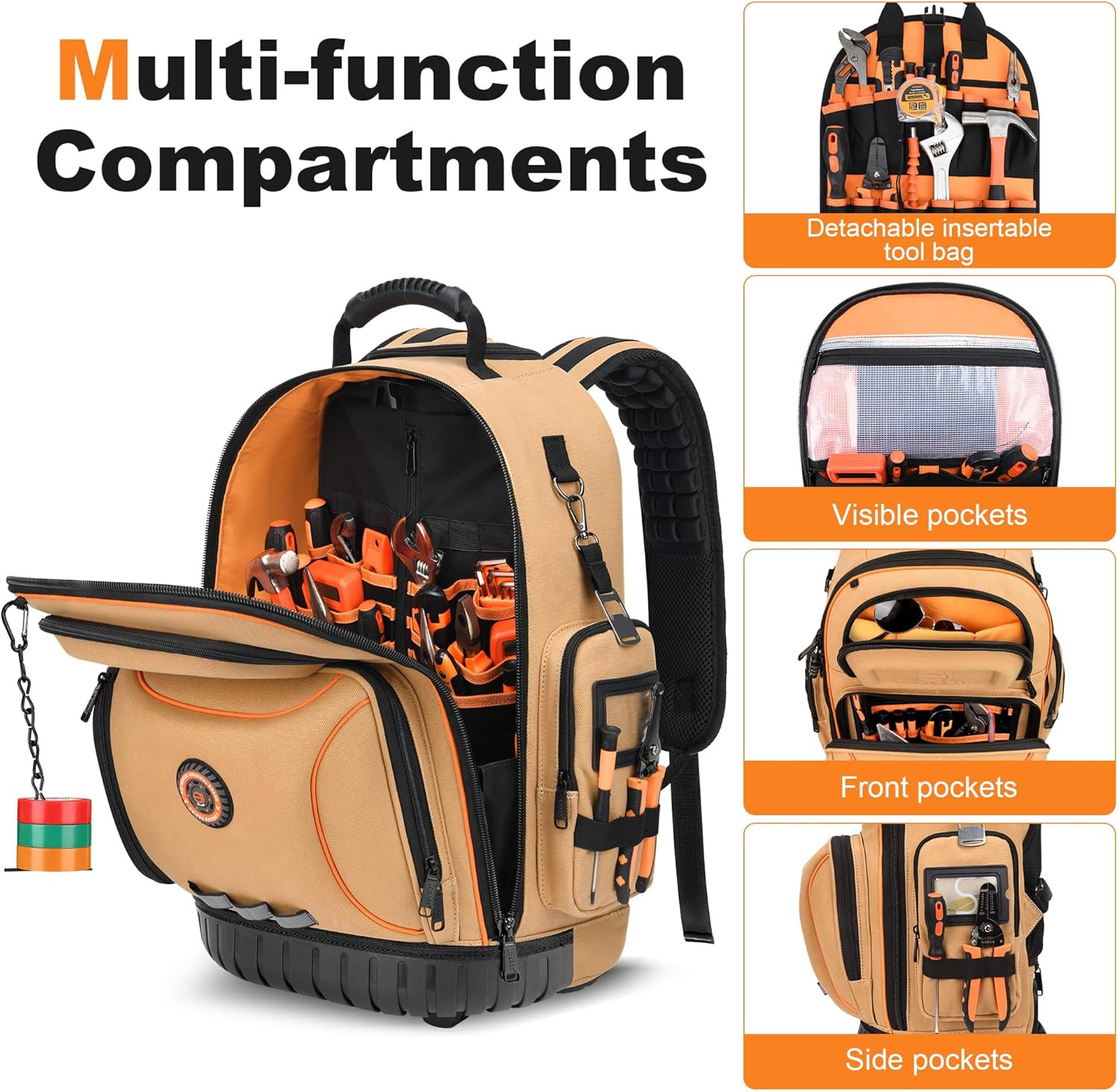 Wheeled Tool Backpack for Electricians – 75 Pockets, Durable Brown Design