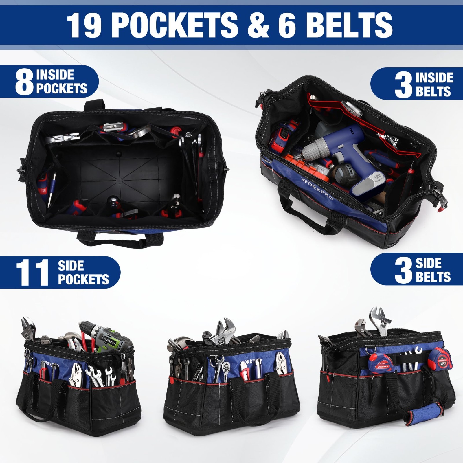 16″ Wide Mouth Tool Bag – Waterproof Base, Multi-Pocket, Heavy Duty, Adjustable