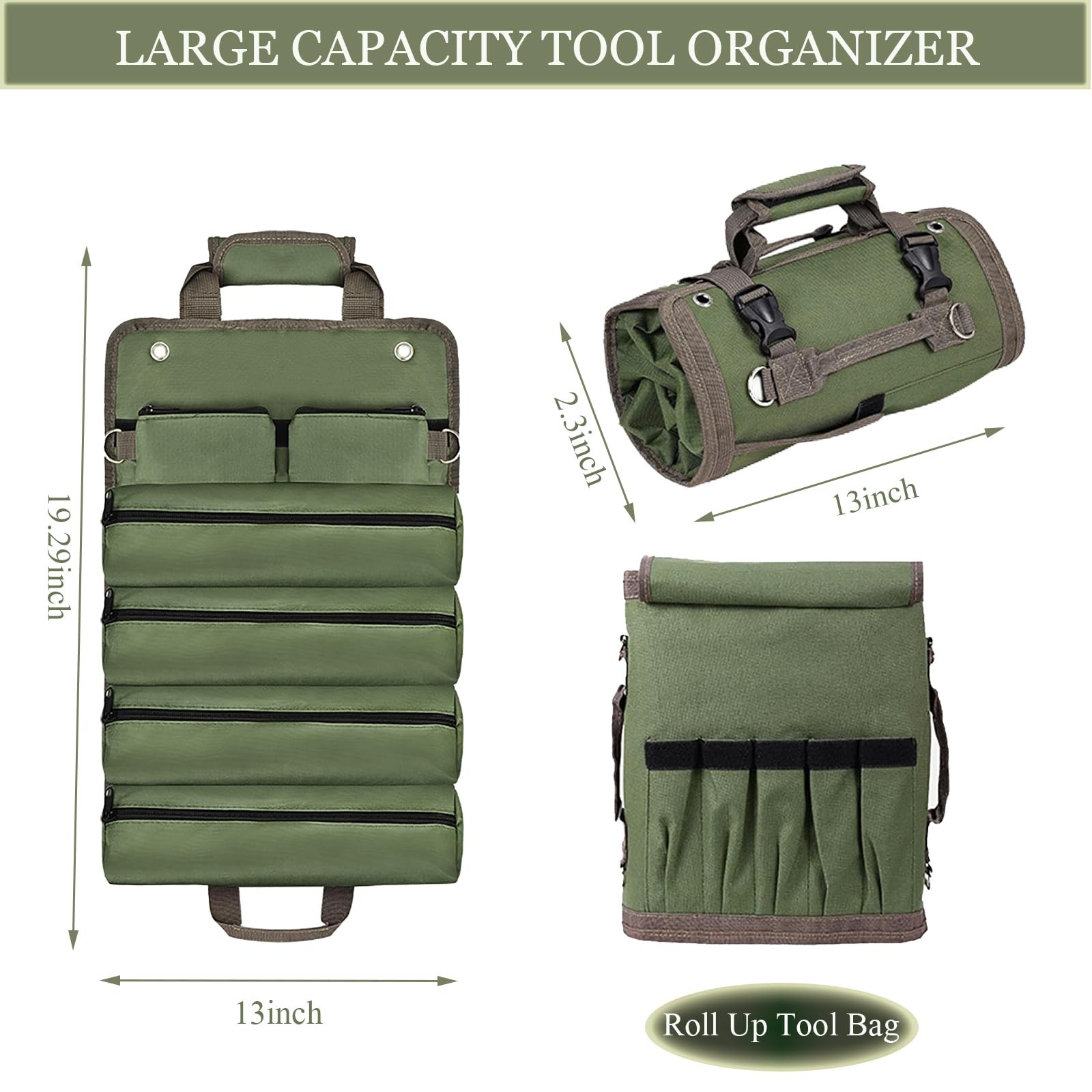 Roll Up Tool Bag Portable Folding Detachable Pouch Heavy Duty Storage Green
