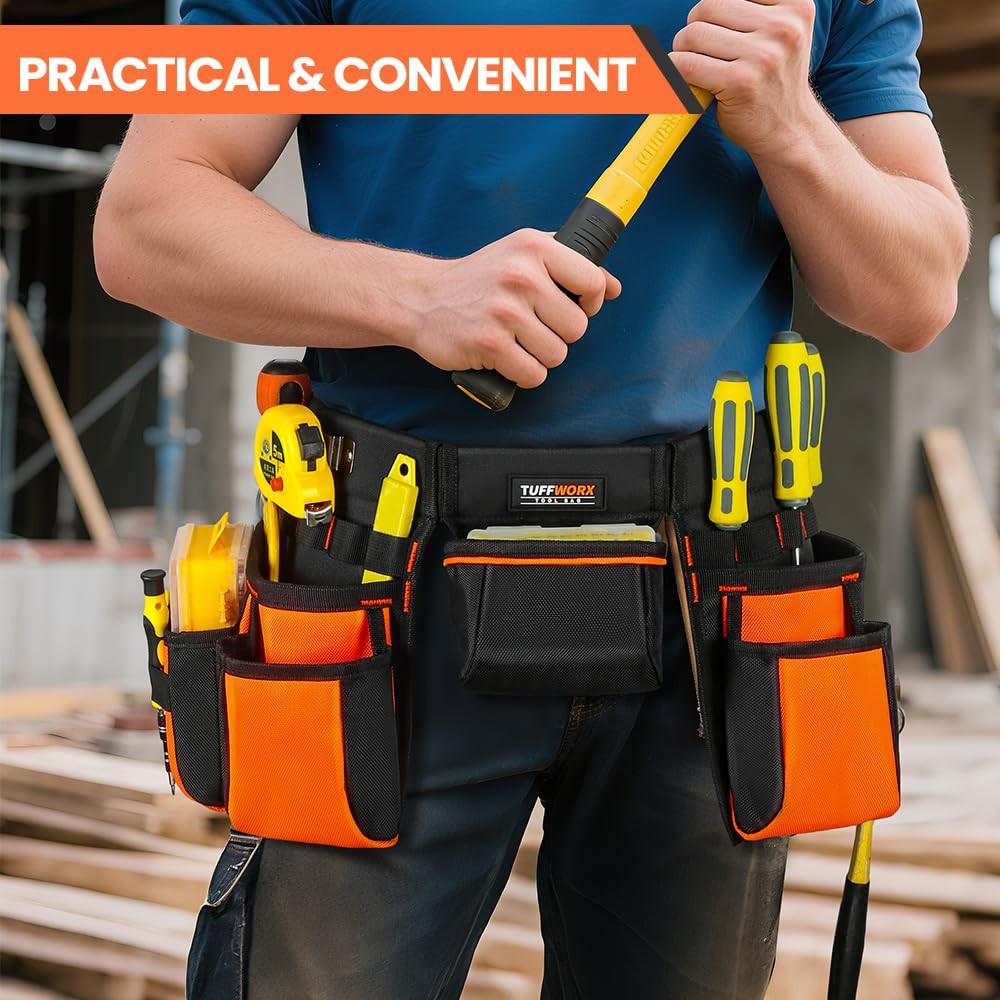 Tool Belt with Multiple Pockets, Heavy Duty Construction Pouch, Black and Orange