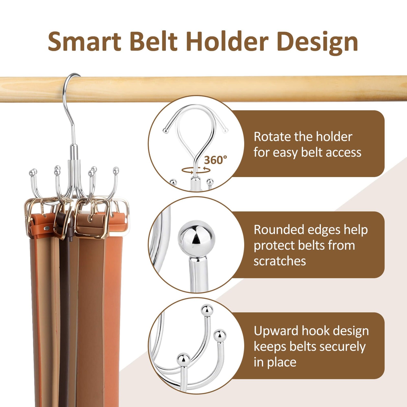 ZEDODIER Belt Organizer for Closet, 1 Pack–Round Hook Hanger, Silver