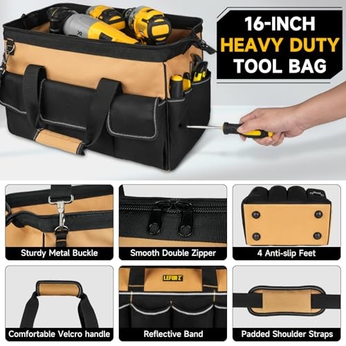 27 Pockets Tool Bags for Men,16-Inch Heavy Duty Tool 16 Inch Black+Brown