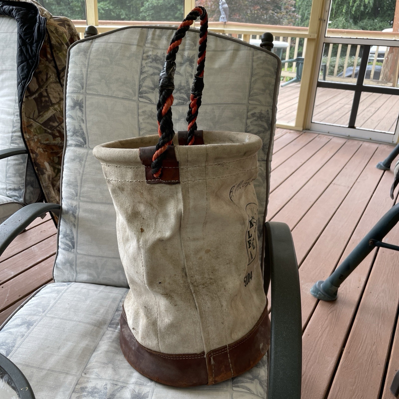 Vintage Klein Tools 5104 Canvas Leather Bucket 15” Lineman Tool Bag Rope Handle