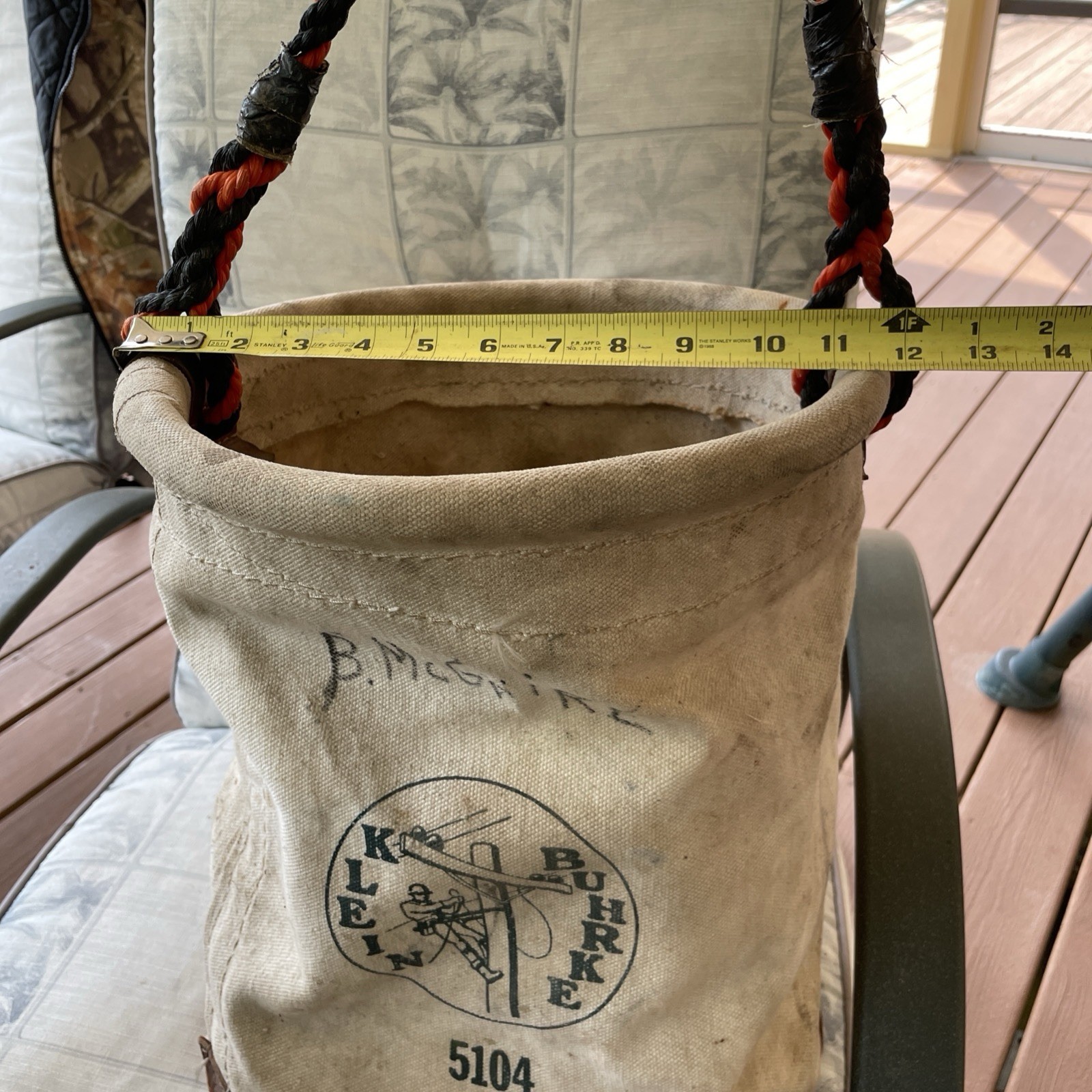 Vintage Klein Tools 5104 Canvas Leather Bucket 15” Lineman Tool Bag Rope Handle