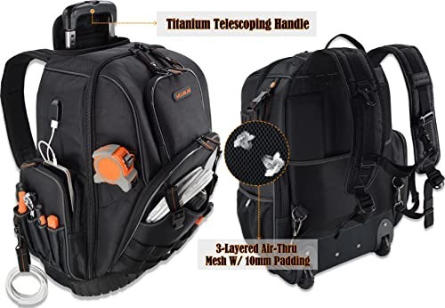 72-Pocket Rolling Tool Backpack – Large Wheeled Electrician Bag for Tools, Gear