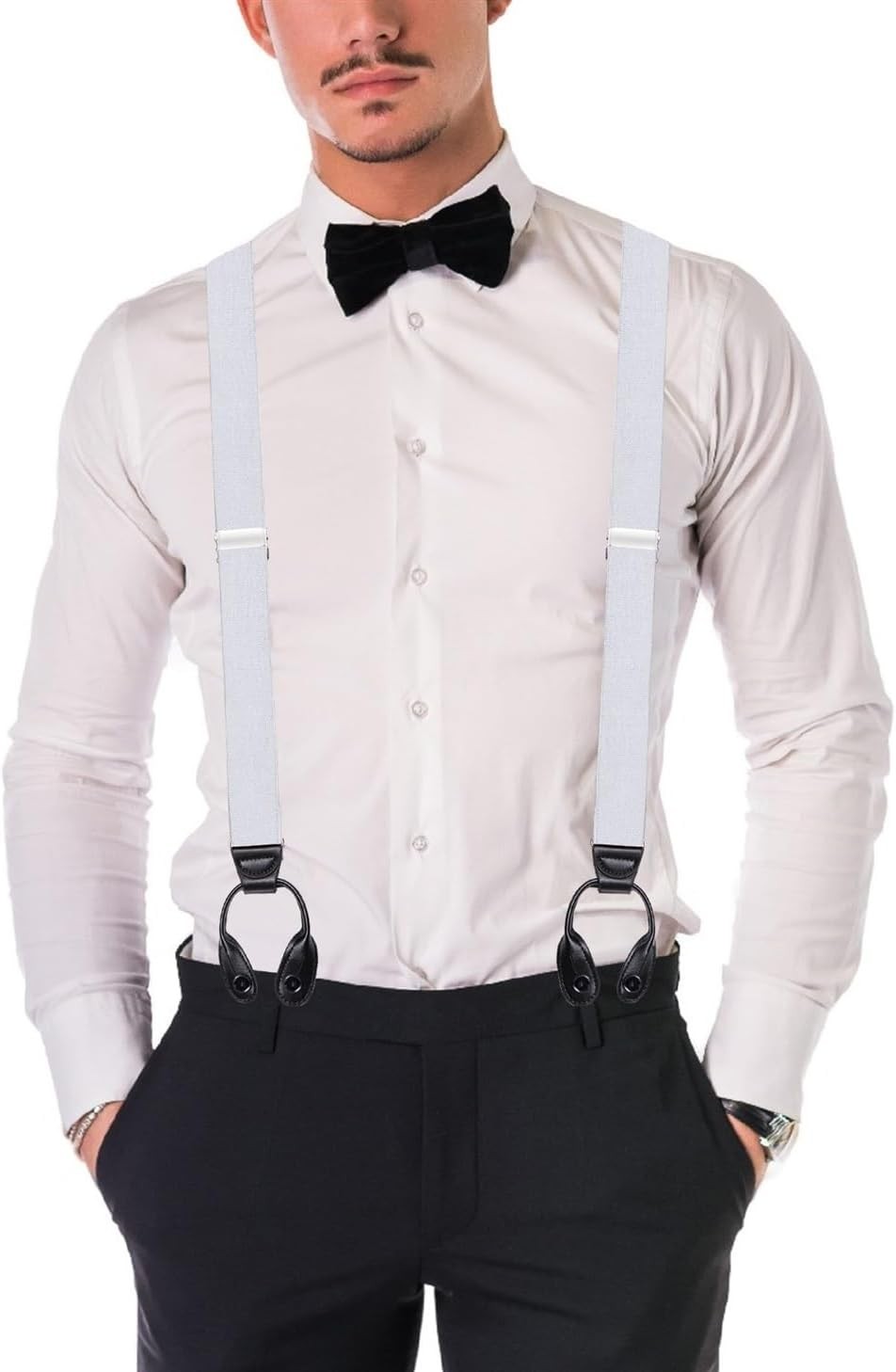 Buyless Fashion Butten End Suspenders for Men – 48″ Adjustable Straps 1 White