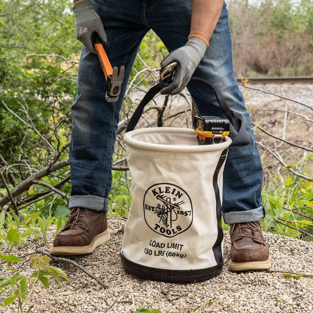 Durable Canvas Tool Bucket with Drain Holes & Heavy-Duty Bull Pin