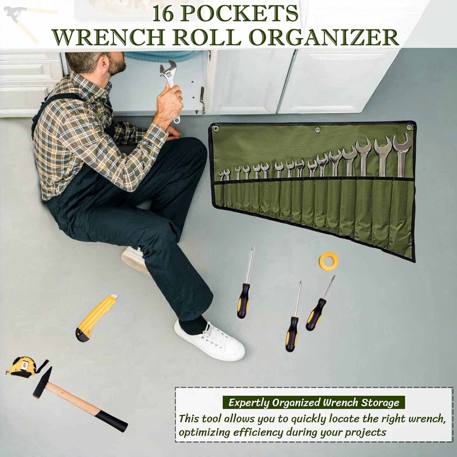 16 Pockets Wrench Roll up Pouch, Wrench Roll Organizer and Tool Storage, Rolled