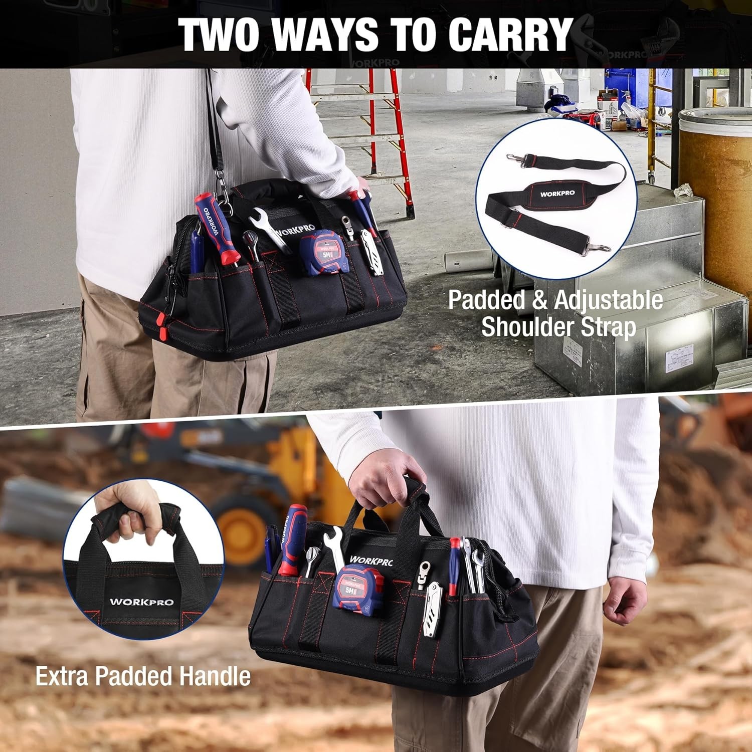 Durable 16-Inch Wide Mouth Tool Storage Bag with Padded Handle & Shoulder Strap
