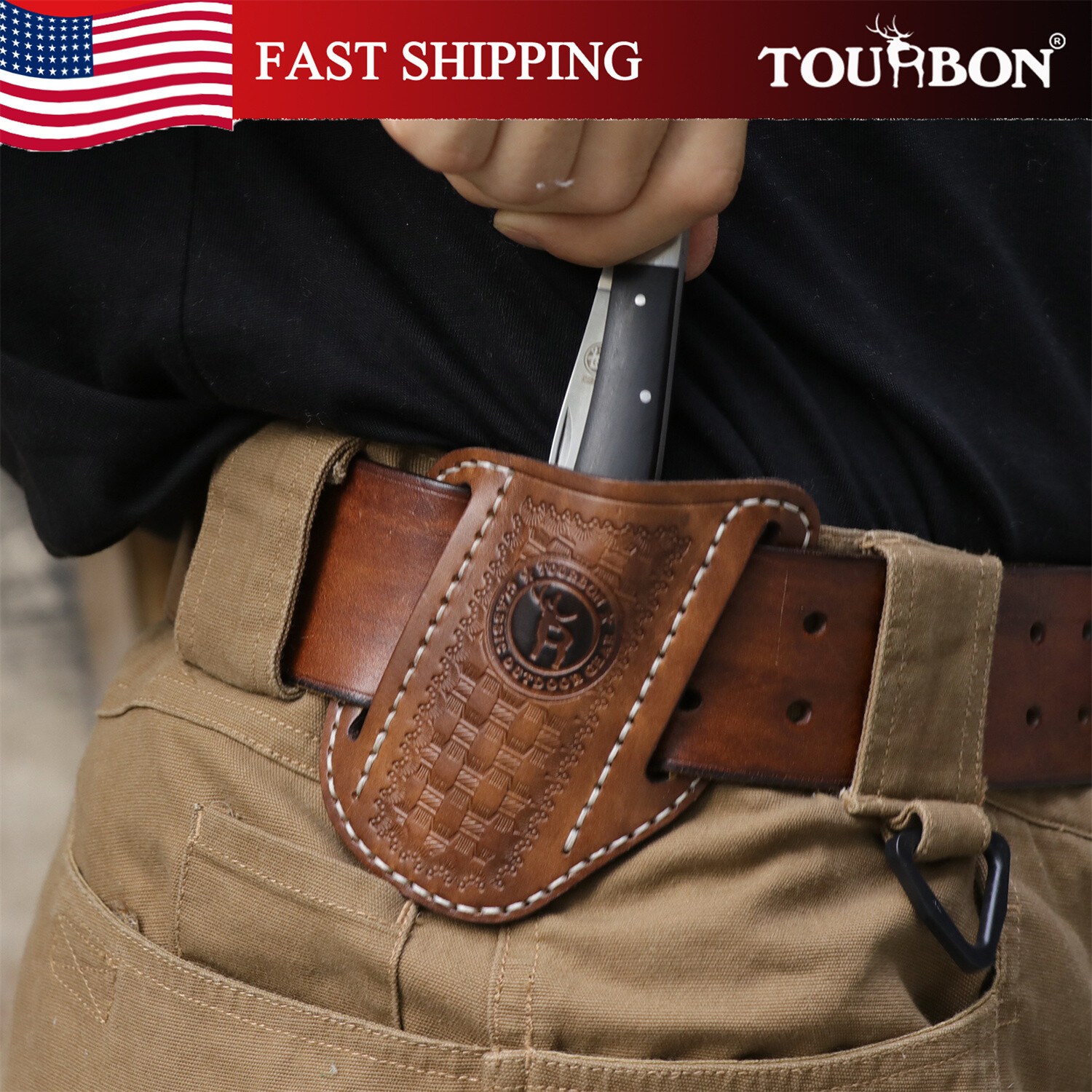 TOURBON Camping Tool Belt Sheath Leather Folding Knife Pocket Storage Holster