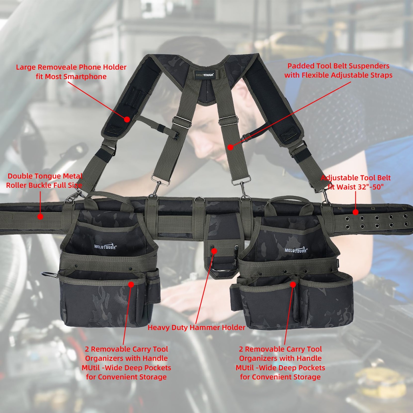 MELOTOUGH Camo Tool Belt with Suspenders Camouflage Tool Pouch Organizer Supe…