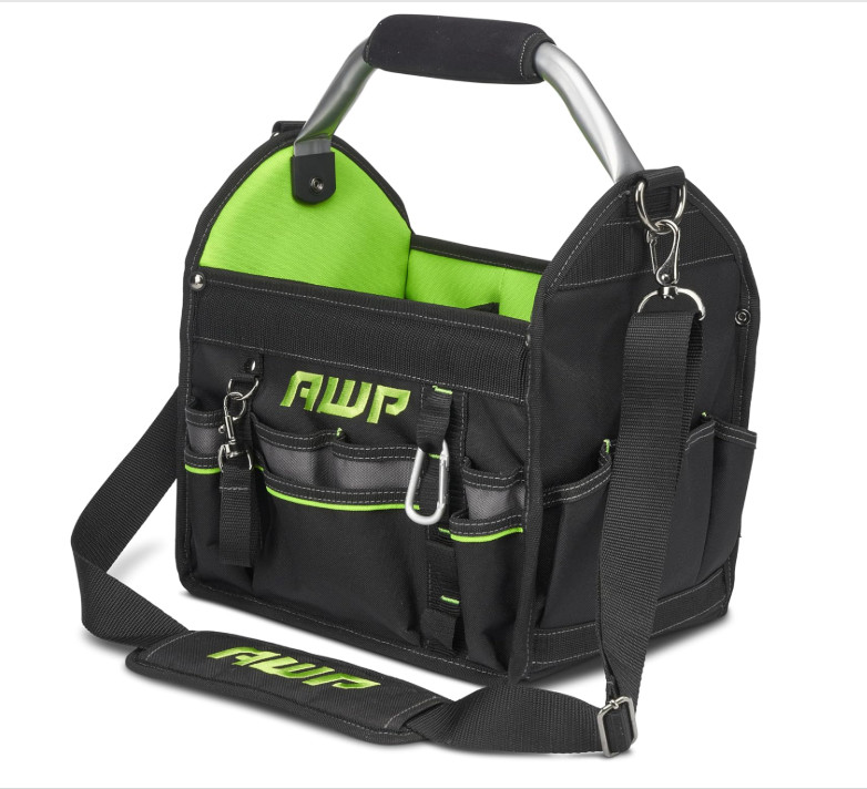 AWP 12″ Pro Tool Tote, Rotating Handle, Water-Resistant, Black/Green